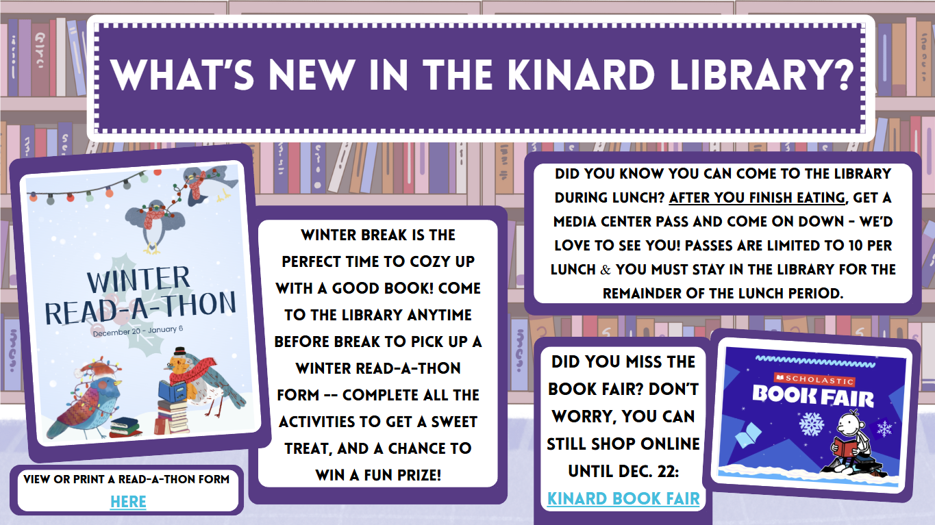 Image is a link to the "What's New in the Kinard Library website" and shows current library information
