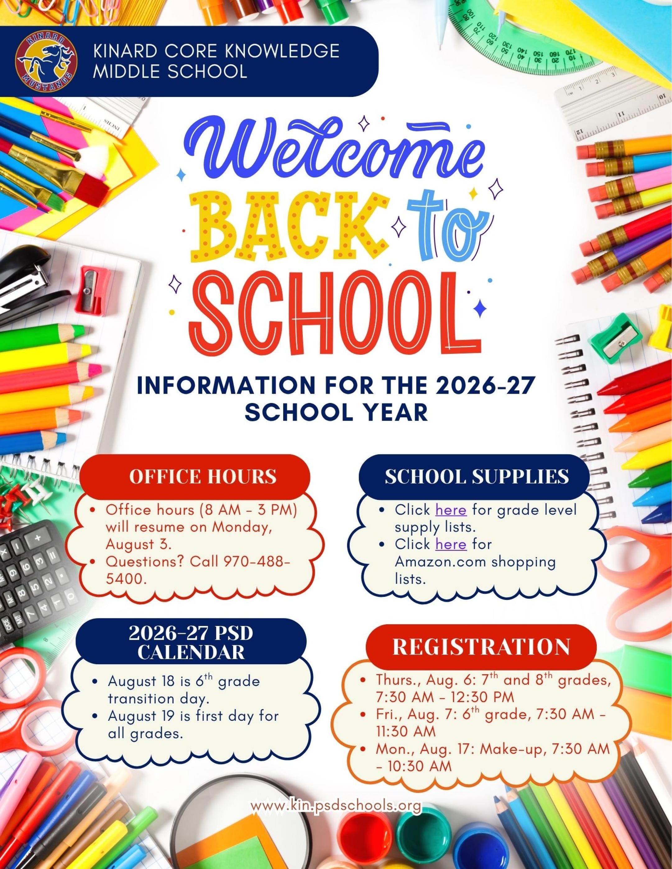 2026-27 School Information: supplies, registration, office hours