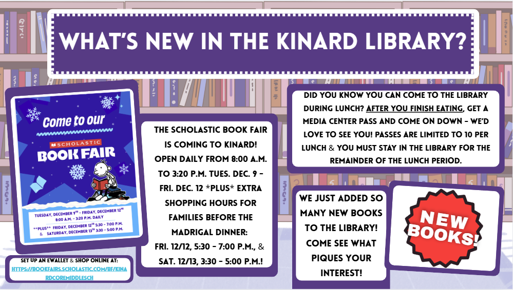 Image is a link to the "What's New in the Kinard Library website" and shows current library information