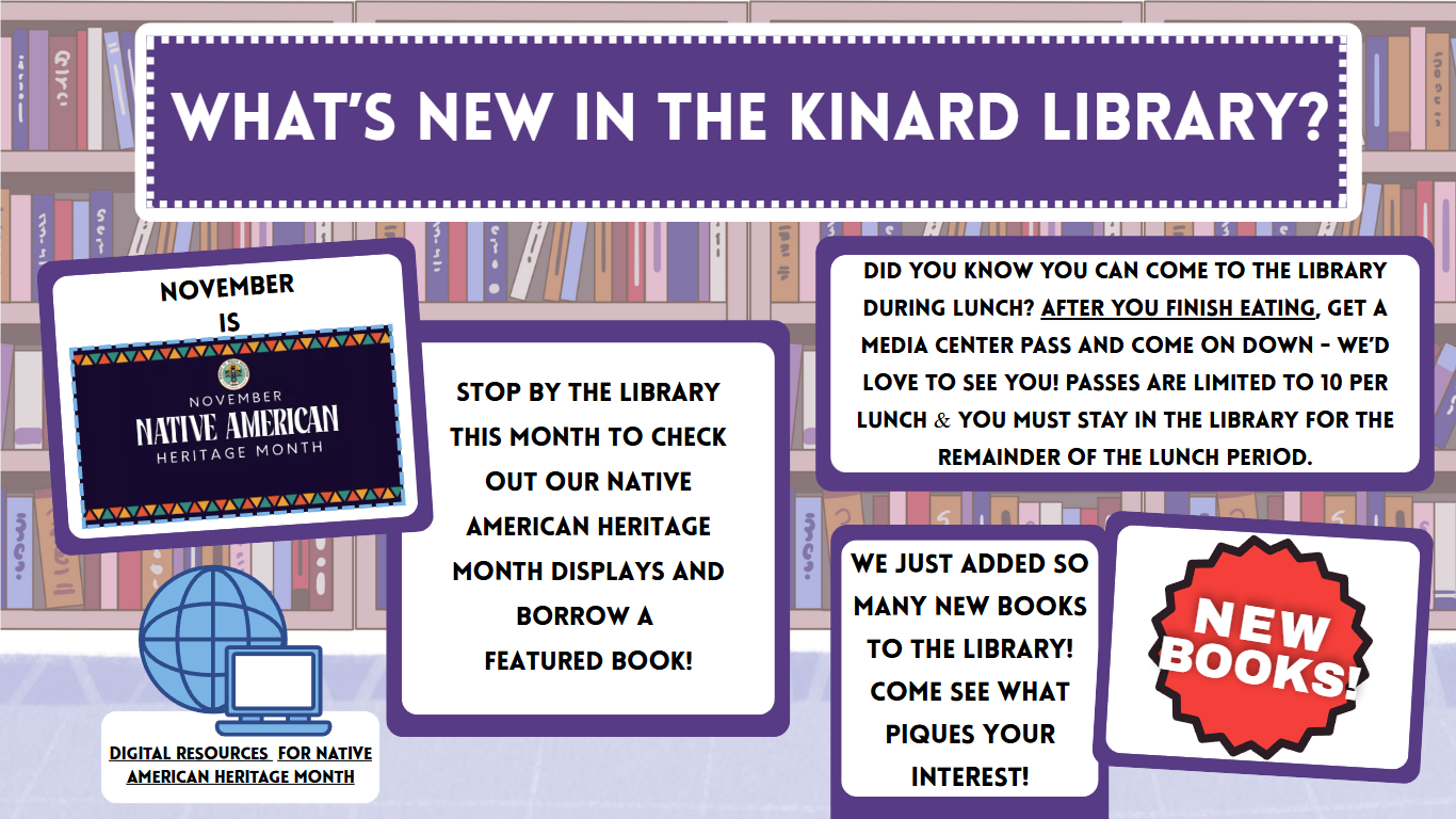 Image is a link to the "What's New in the Kinard Library website" and shows current library information