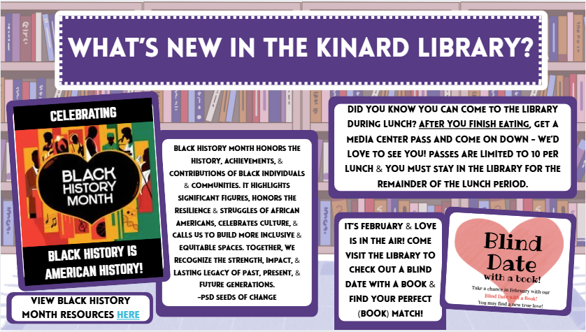 Image is a link to the "What's New in the Kinard Library website" and shows current library information